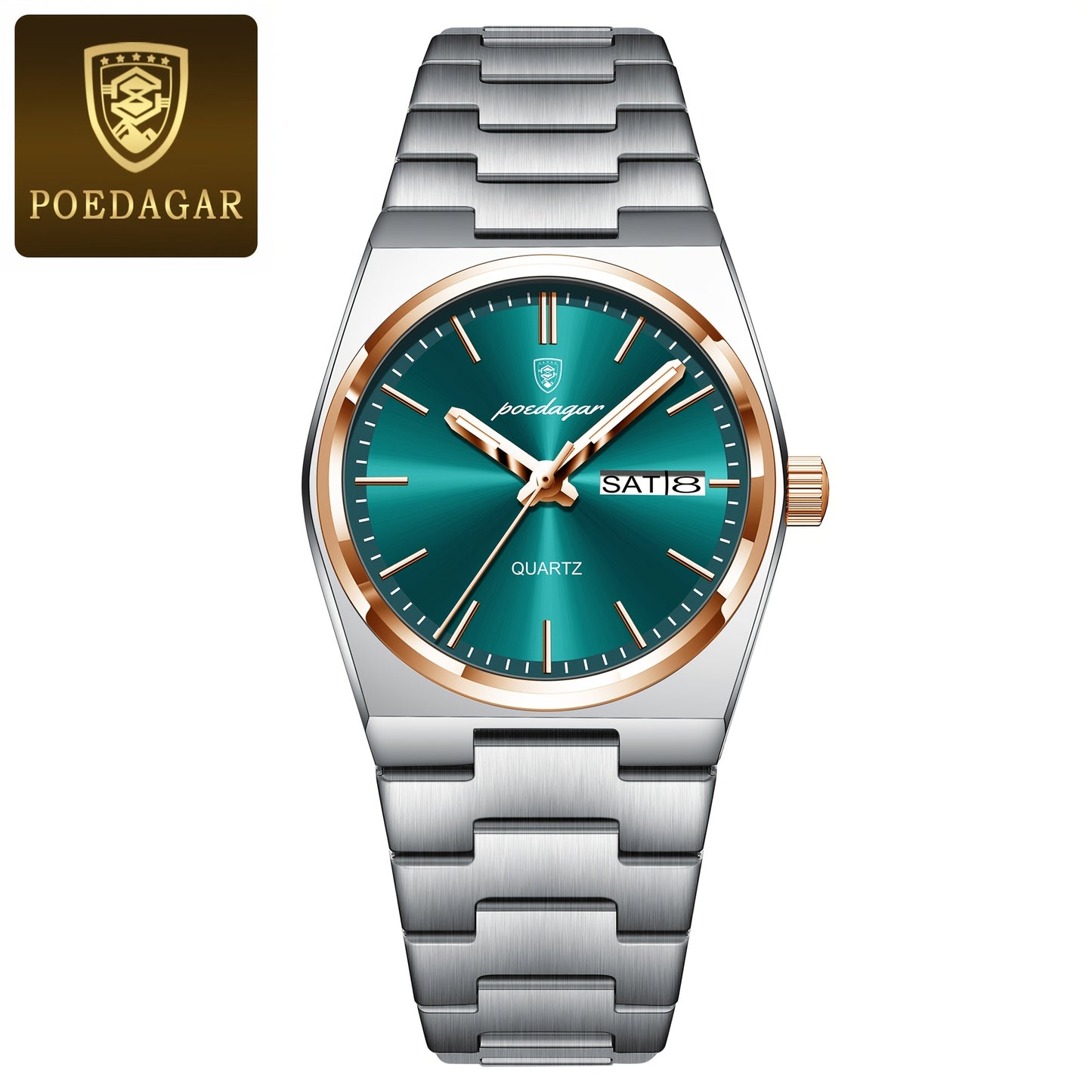 POEDAGAR Women's Elegant Green Luminous Calendar Watch - Waterproof Stainless Steel Ultra-Thin Quartz Wristwatch with Minimalist Design for Casual & Formal Wear, Casual Attire, Korean Fashion, Sleek Metallic Strap