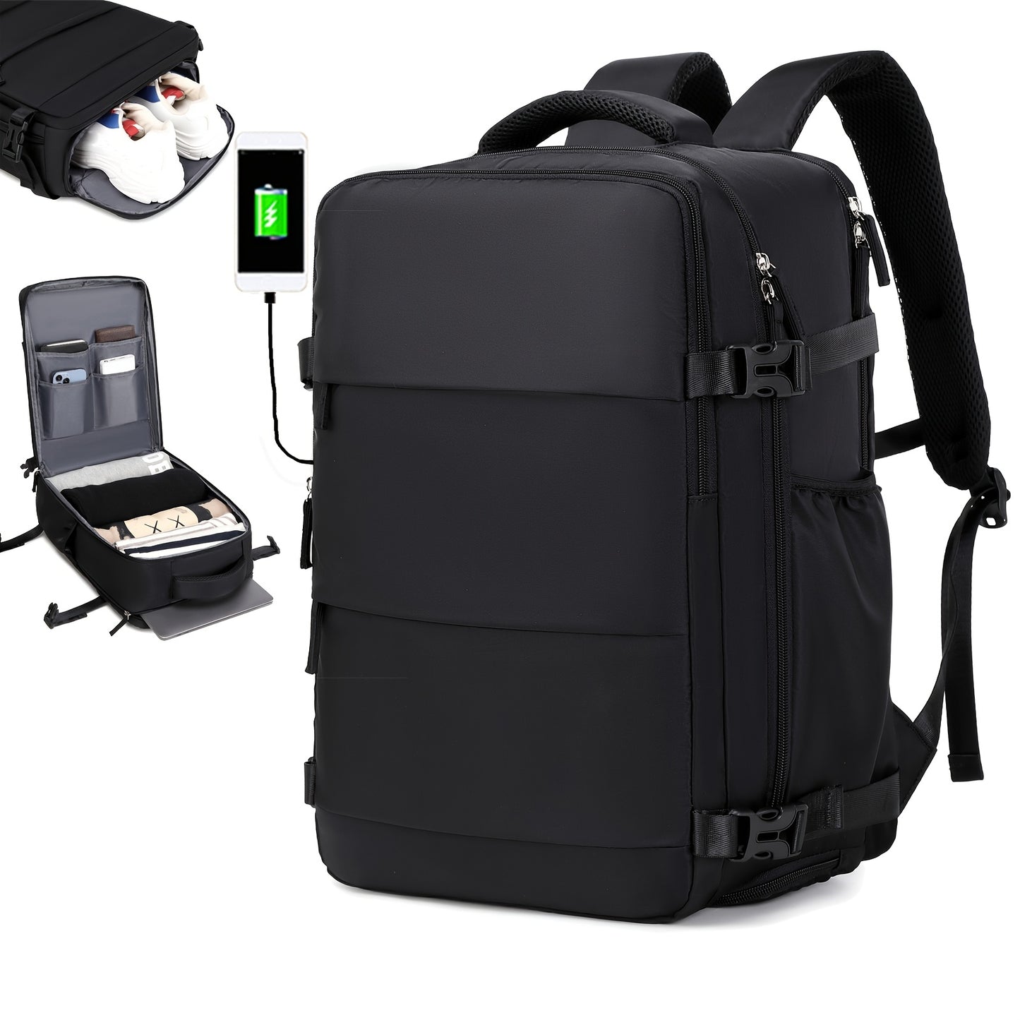 Large Capacity Women'S Travel Backpack with Shoe Compartment, Flight Approved Carry-On, Business Laptop Bag, Polyester Lined, Adjustable Strap, Zipper Closure, Solid White, USB Powered