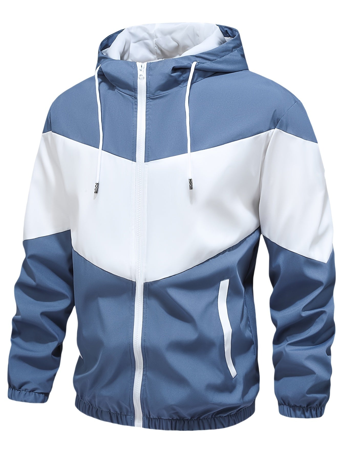 Men's Casual 2-Piece Outfit, Stylish Color Block Zip Up Hooded Jacket, Breathable Solid Color Drawstring Pants