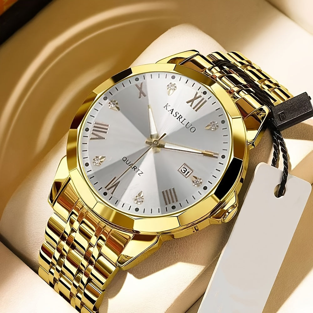 KASRLUO Men's Elegant Stainless Steel Watch with Crystal Roman Numerals & Date Display - Business Style, Quartz Movement