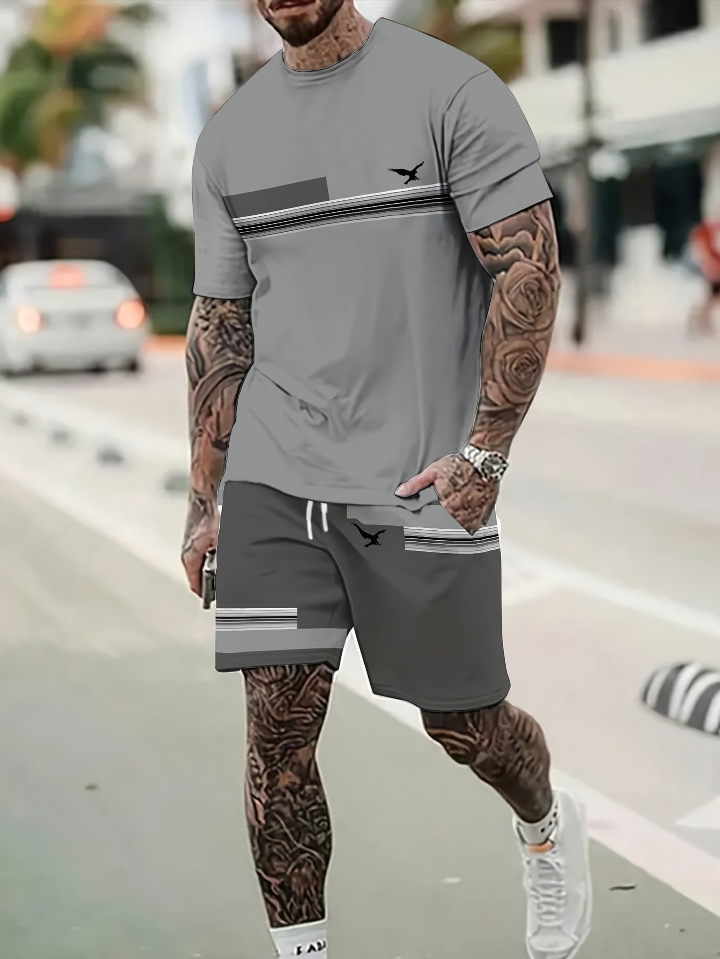 Men'S Casual Summer Two-Piece Athletic Wear Set - Light Blue T-Shirt with Green & White Stripes, Matching Shorts, Perfect for Daily Leisure, Vacation, and Sports, Casual Sportswear | Relaxed Fit Shorts | Stretchable Fabric