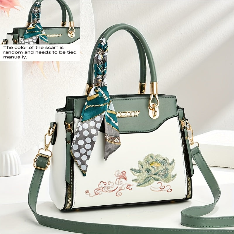 JXZYW Women'S Floral Embossed Large Capacity Tote Bag - Stylish White Shoulder Handbag with Golden-Tone Hardware, Black Handles & Floral Design for Commuting, Shopping, and Casual Outings, Versatile Carryall, Sophisticated Ac