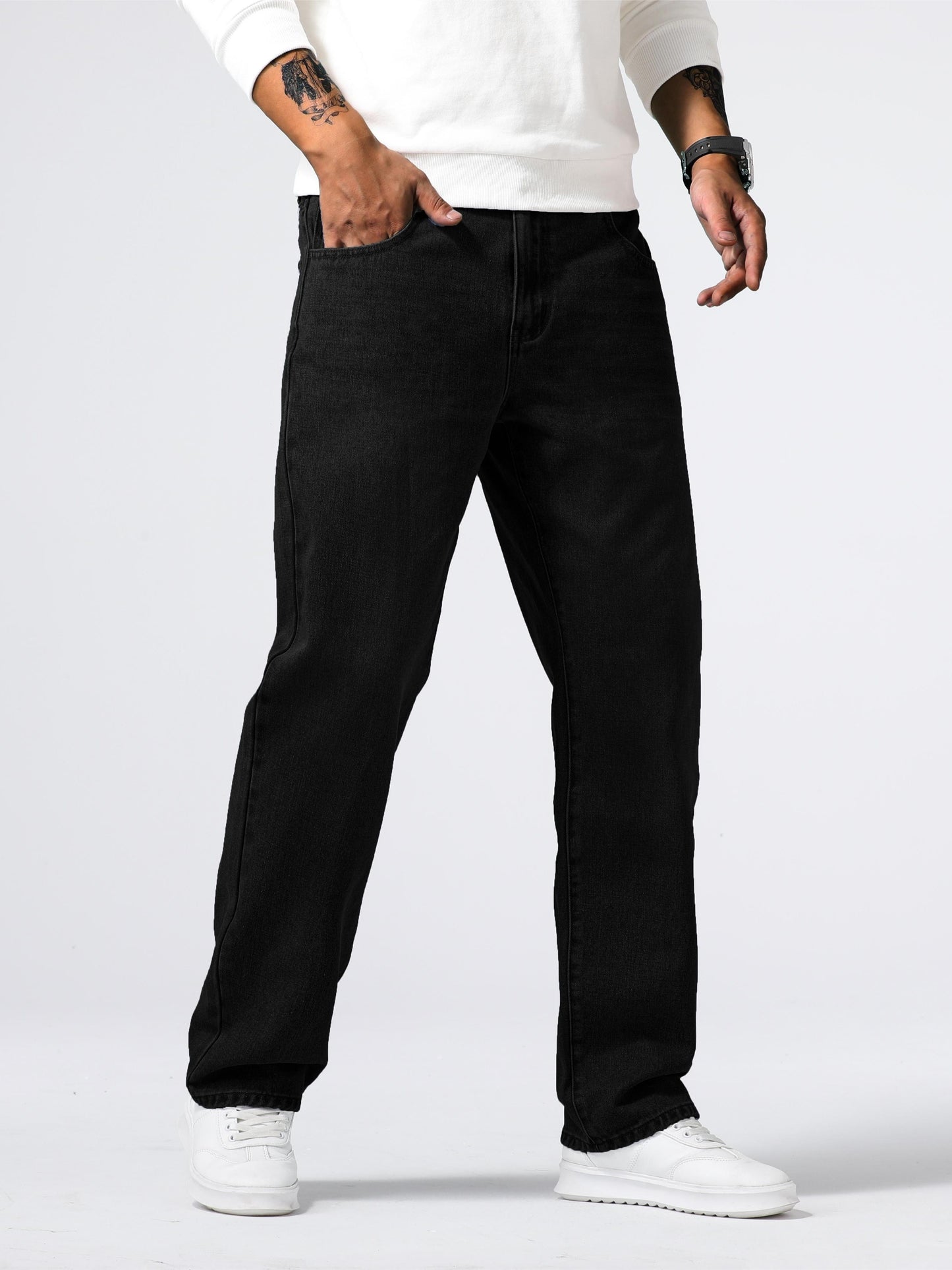 Men'S Loose Fit Straight Leg Jeans, Cotton 85% Polyester 15% Denim, Washed Solid Color Casual Style