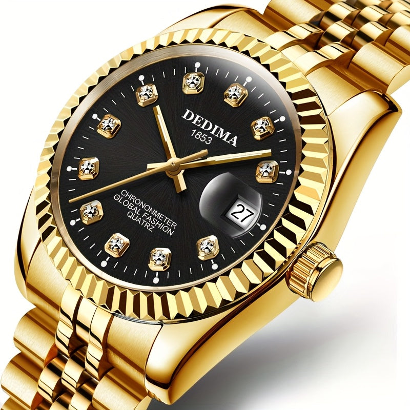 DEDIMA Elegant Stainless Steel Band Calendar Watch, Quartz Movement, Round Dial with Rhinestones, Battery-Powered, Non-Rechargeable Button Battery, Regular Cleaning, for Men, Women, Students, Christmas, Valentine'S Day, Thank