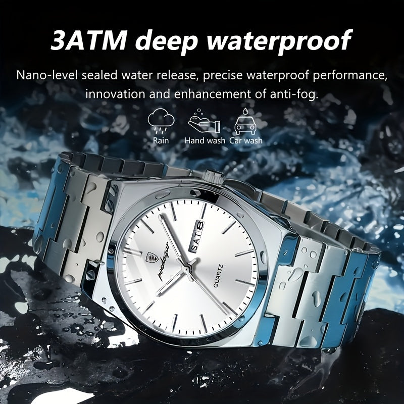 POEDAGAR Luxury Quartz Men'S Wristwatch - Luminous Date & Week Display, Stainless Steel Band, Water-Resistant (IPX8), Ideal Gift for Business Professionals