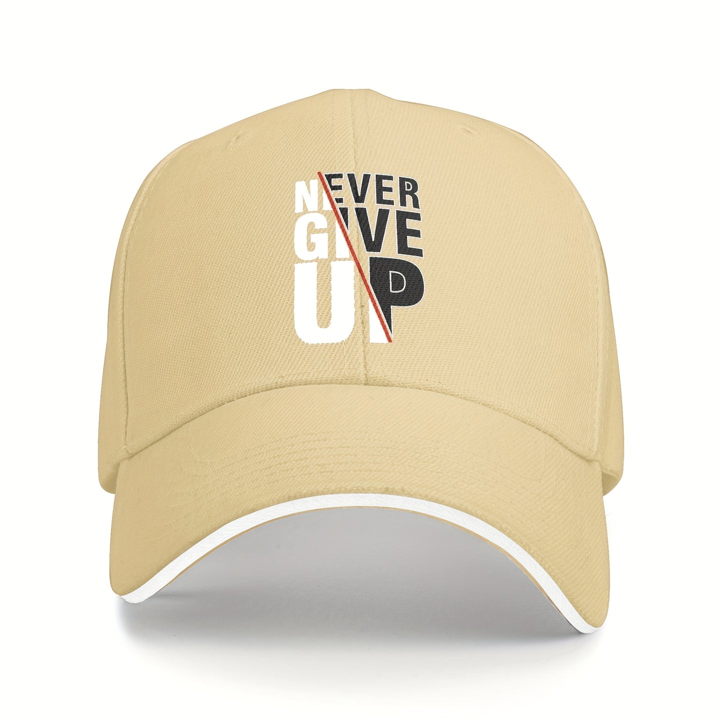 1 Pack Never Give Up Print Baseball Cap - Adjustable Snapback Dad Hat with Breathable Mesh Back, Funky Unisex Trucker Hat for Outdoor Fishing Driving, Black with White & Red Lettering, One Size Fits Most (53.34-63.5 cm)