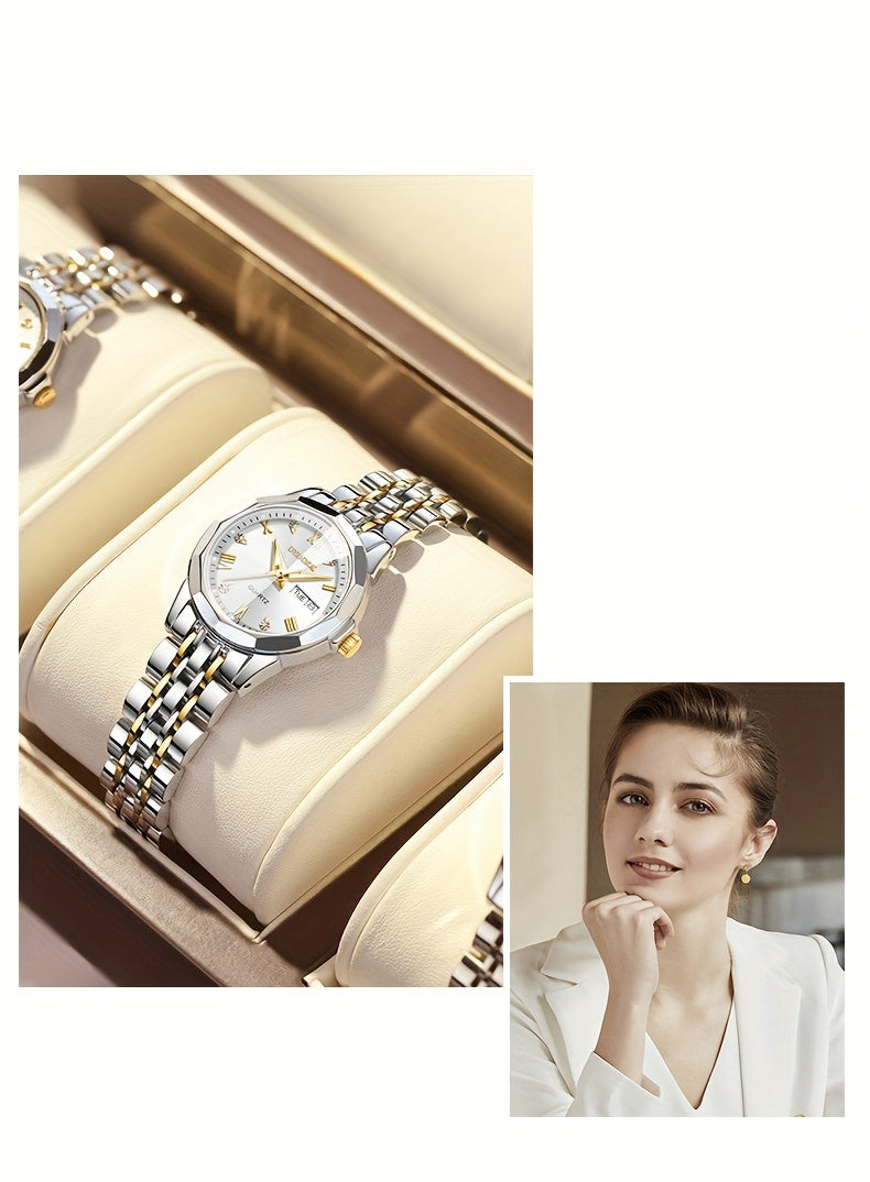 DEDIMA Women'S Luxury Stainless Steel Watch - Elegant Rhombus Design with Roman Numerals, Double Calendar, and Multifunctional Steel Strap