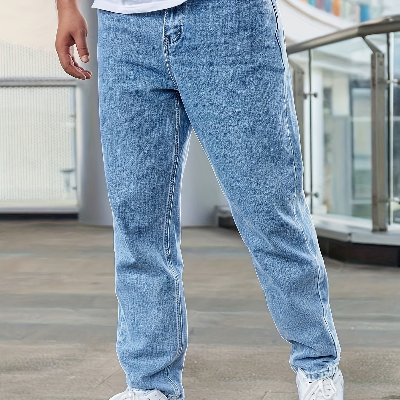Men'S Loose-Fit Jeans, Cotton Blend Street Style Denim Pants, Non-Stretch Solid Color, Regular Length, with Multiple Pockets for All-Season Wear