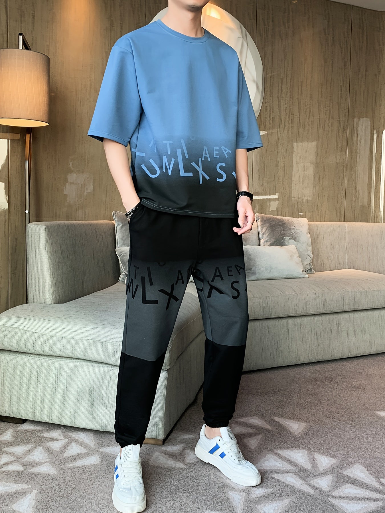 Men's Summer Casual Cotton Blend Outfit Set - Gradient Color Short Sleeve T-Shirt & Stylish Drawstring Shorts, Machine Washable