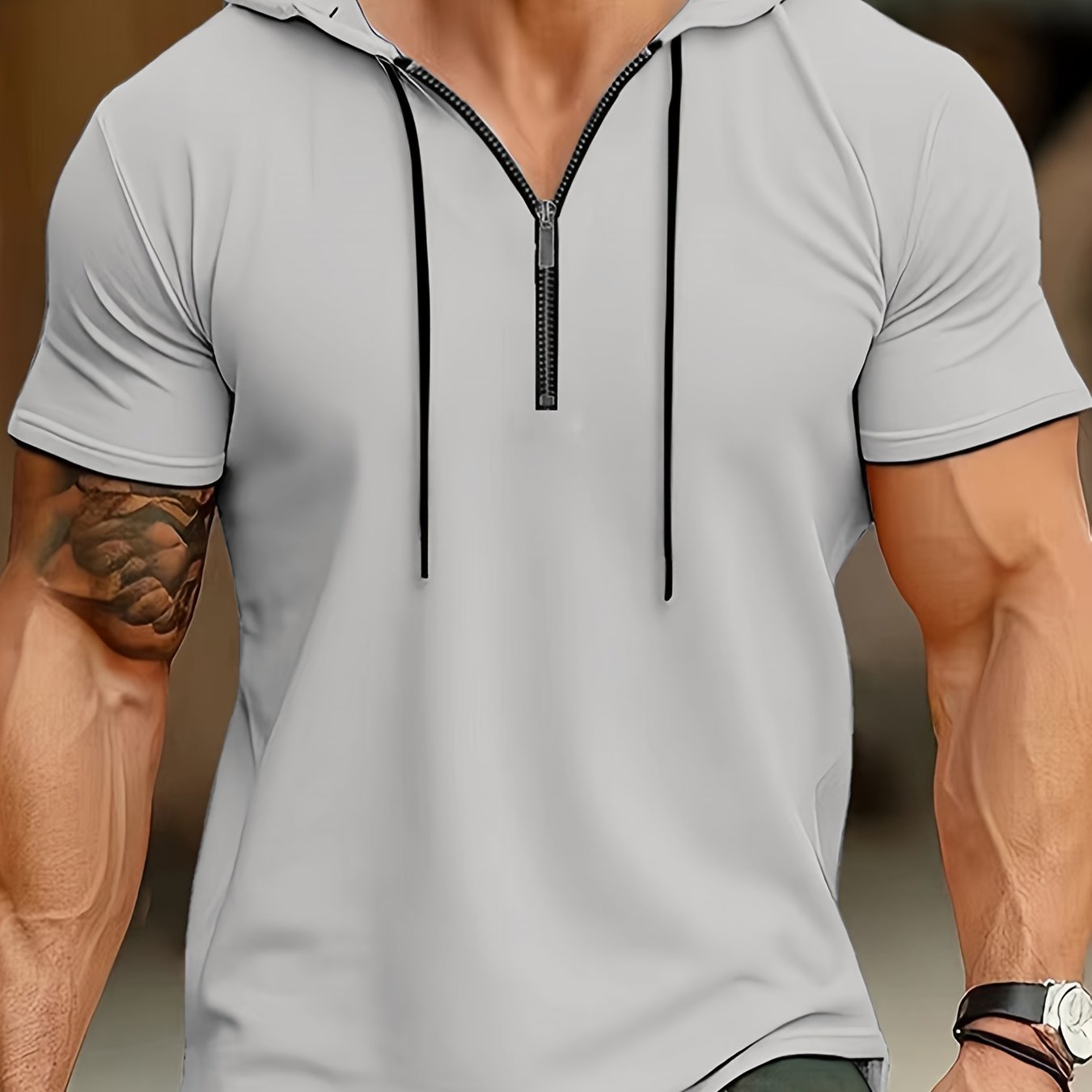 1pc Men's Light Blue Casual Hooded Short Sleeve T-Shirt with 1/4 Zipper, Breathable Stretch Fabric for Gym, Outdoor & Summer Wear, Gym Apparel, Stylish Contrast Detailing, Comfortable Fit