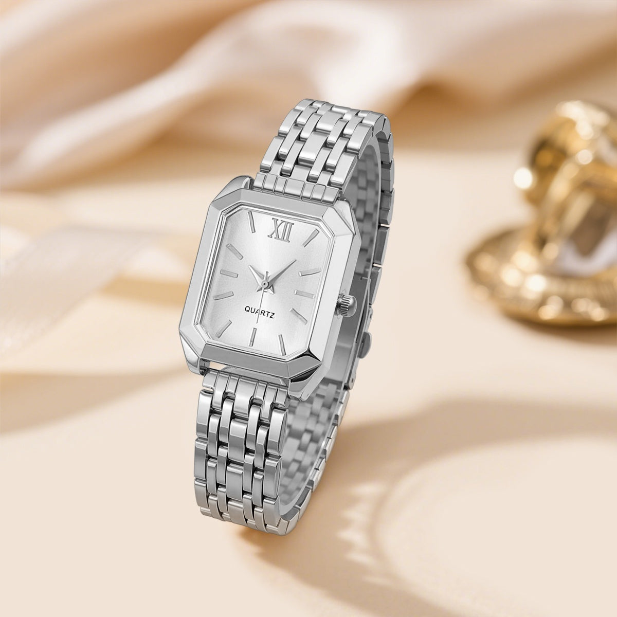 Women's Glamorous Elegant Quartz Watch - Light Blue Dial, Roman Numeral XII, Alloy Metal Band, Rectangular Case, Non, Everyday Casual & Formal Wear, Middle East Collection Luxury Gift, Formal Timepiece | Sophisticated Style |