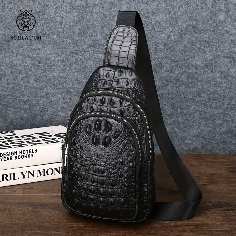 SCHLATUM Genuine Leather Crocodile Pattern Sling Bag - Black, Large-Capacity Multifunctional Crossbody Backpack for Travel, Sports & Camping, Stylish Zipper Closure Design