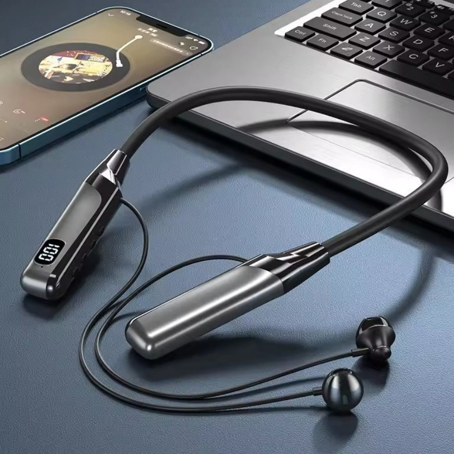 Ultra-Long Battery Wireless Neckband Headphones, Wireless 13.46 cm-Ear Earbuds with Digital Charge Display, Noise-Canceling Stereo Bass, Built-In Mic, Magnetic Suction, Soft Silicone Collar, Compatible with Sports, Running, W