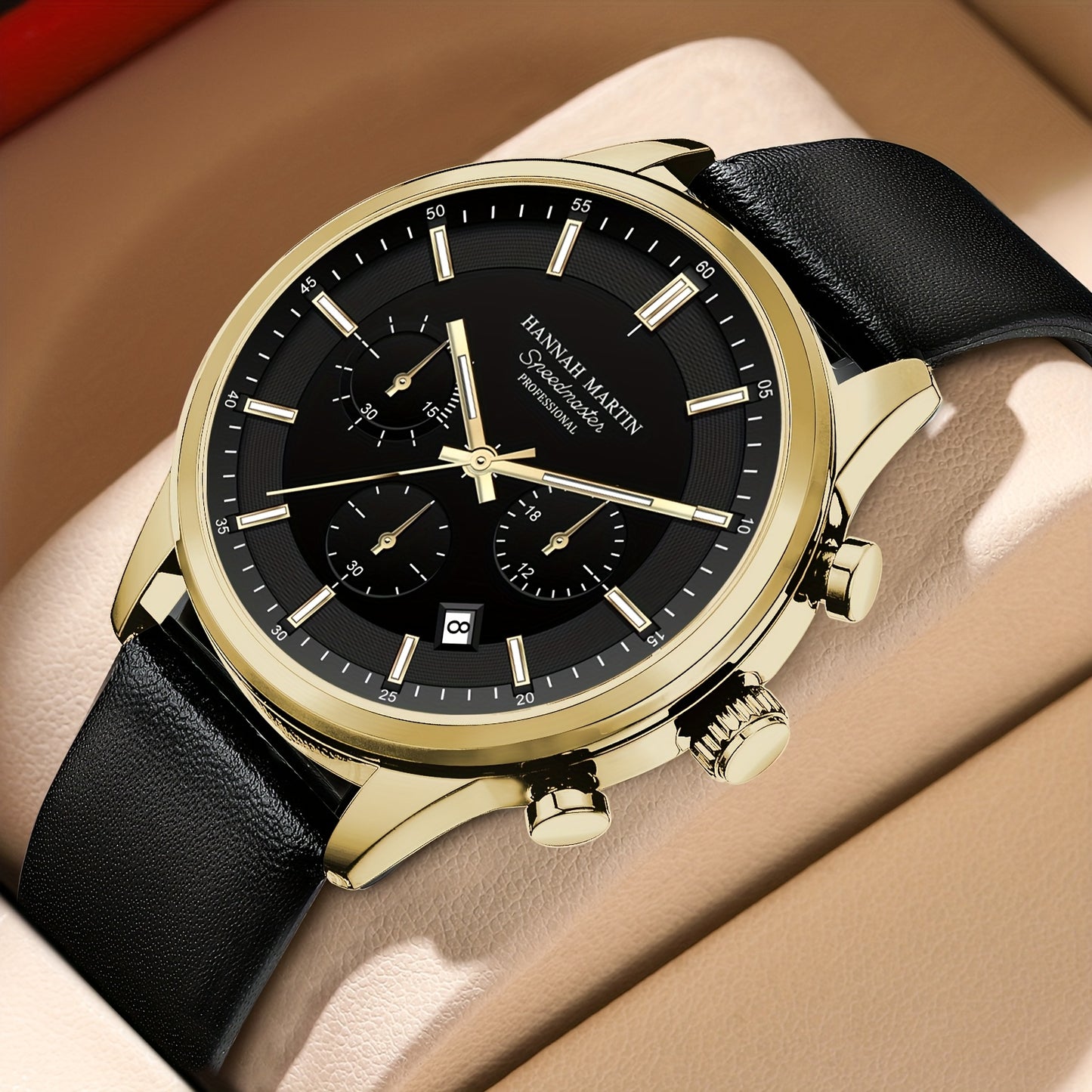 HANNAH MARTIN Men's 2025 Business Chronograph Watch - Black Arabic Numeral & Bar Markers, Date/Second Time Zone, Quartz Movement, Faux Leather Strap, High Quality 30m, Casual & Formal Watch for Casual Attire, Versatile Timepi