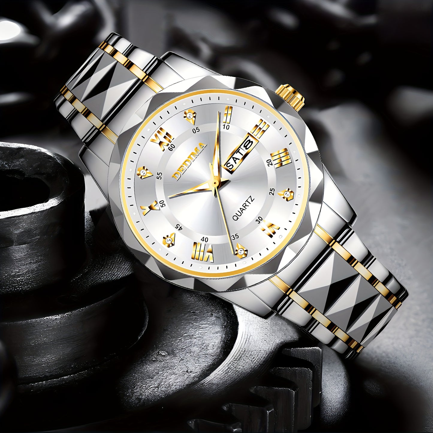 Elegant Men's Stainless Steel Watch with Dual Calendar, Luminous Display & Rhinestone Accents - Perfect for Business or Casual Wear