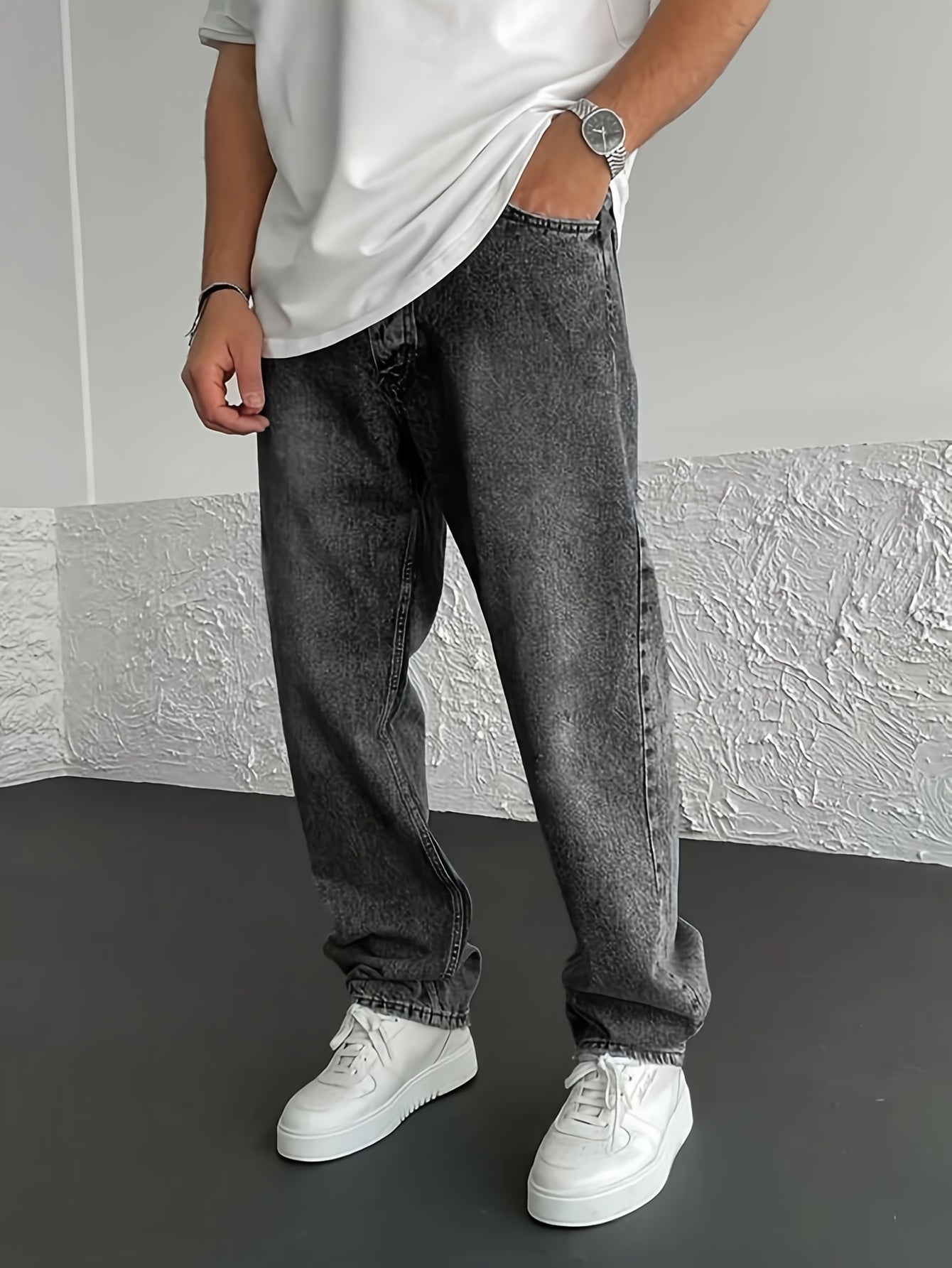 Men'S Loose-Fit Jeans, Cotton Blend Street Style Denim Pants, Non-Stretch Solid Color, Regular Length, with Multiple Pockets for All-Season Wear