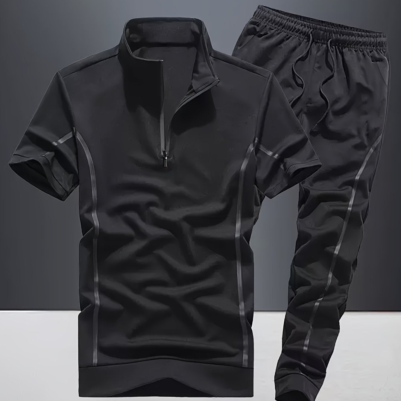 Men's Fashion Stripe Casual Suit, 2pcs Stylish Stand Collar Zippered Breathable Outfit with Short Sleeve T-Shirt and Drawstring Pants for Summer Wear