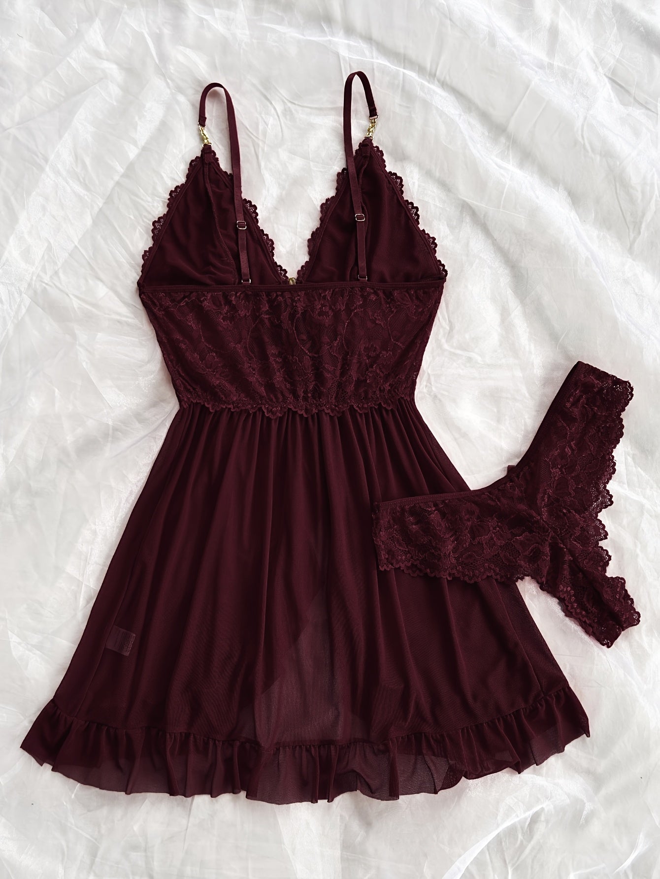 Sexy and Romantic Sleepwear Set, Solid Color Lace Camisole with Matching Panties, V-Neck Design Accentuating Elegant Neckline, Delicate Lace Pattern for Softness. Flared Hem and Ruffled Front Add Graceful Charm, Perfect for a