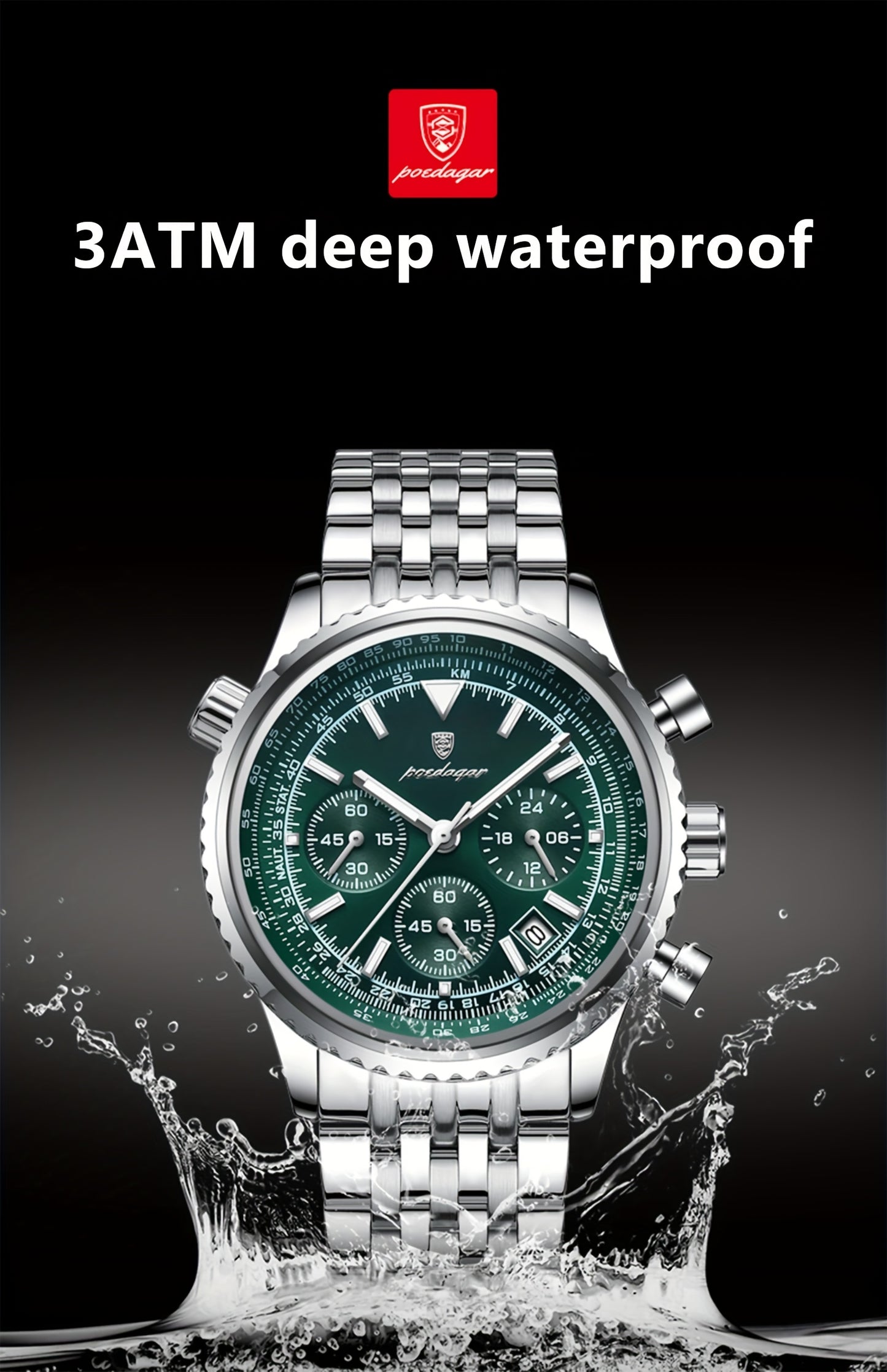 POEDAGAR Luxury Men's Quartz Watch -, Luminous Chronograph with Date Function, Stainless Steel Band & Zinc Alloy Case