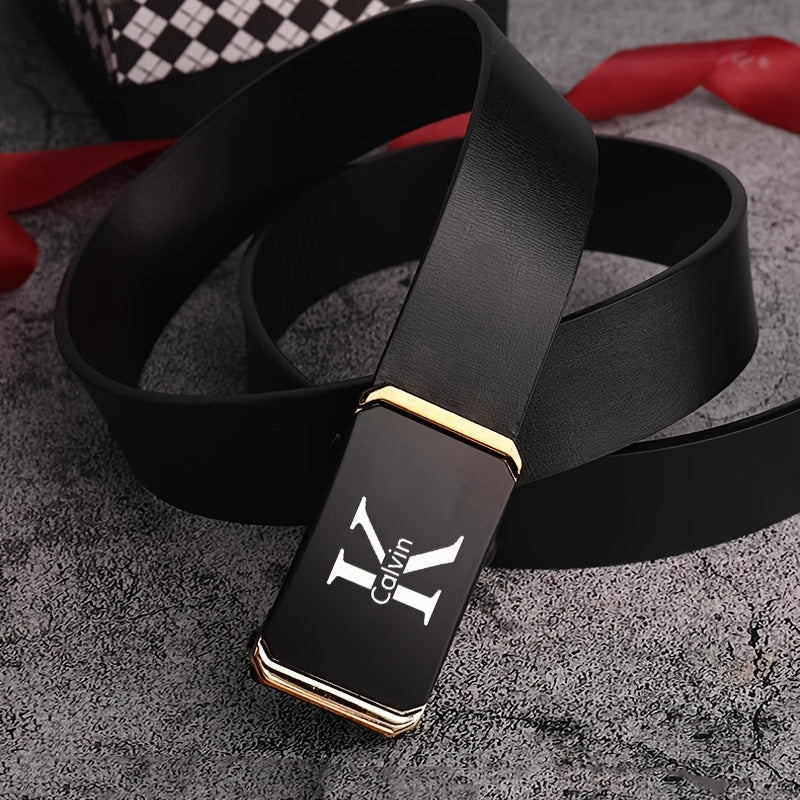 K-Letter Calvin Men'S Automatic Buckle Belt - Adjustable Faux Leather with Golden-Tone Metal Accents, Durable Casual & Formal Accessory for Jeans, Dresses - Ideal Christmas Gift, Belt for Dress, Dress Belt, Modern Belt, Quali