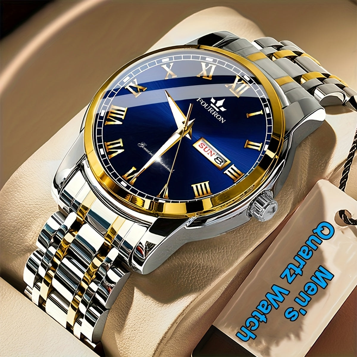 FOURRON Men'S Quartz Watch - Stainless Steel Band, Roman Numerals, Luminous, Waterproof, Ideal for Birthday & Holiday Gifts