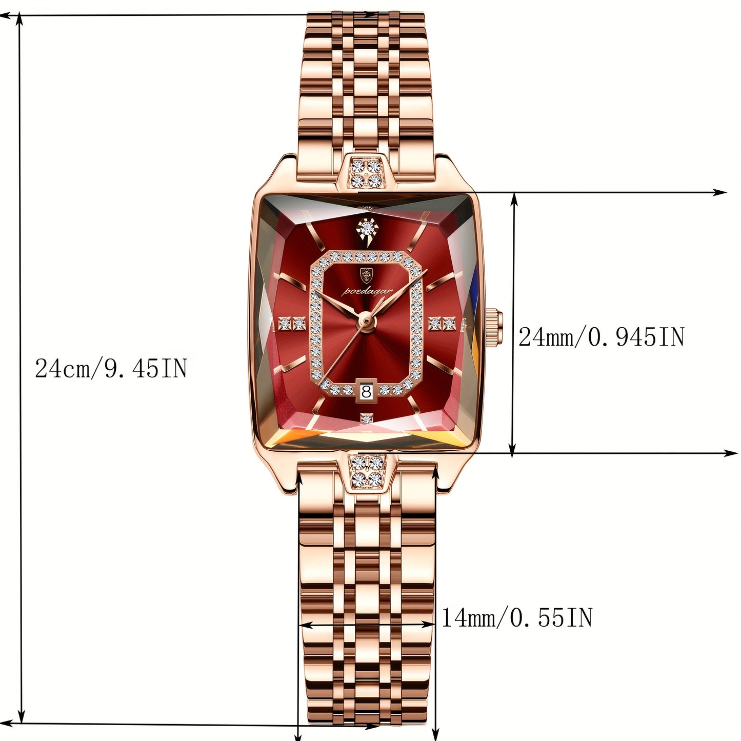 POEDAGAR Women's Ultra-Thin Stainless Steel Quartz Watch - 3ATM Waterproof, Luminous Red Dial with Date Calendar, Champagne Band & Case - Elegant Luxury Wristwatch for Teens & Adults, Perfect for Valentine's Day, Mother's Day