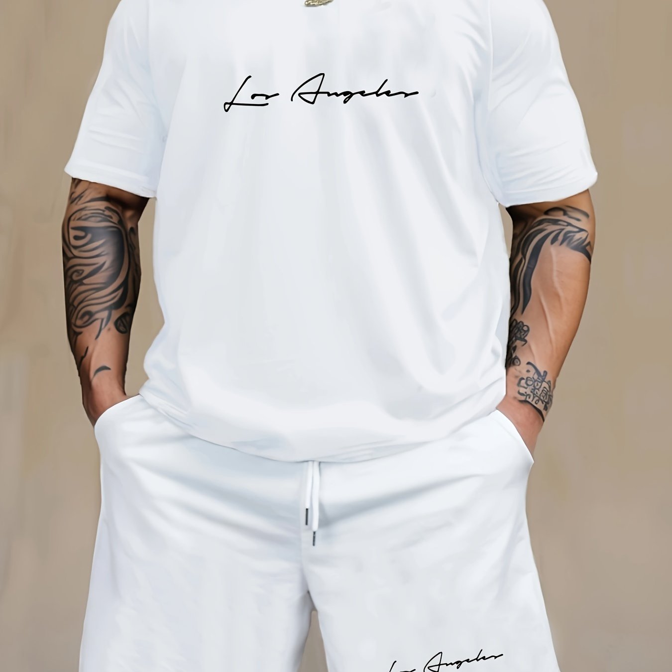 Men'S Casual 2pcs Set, Los Angeles Print, Short Sleeve Crew Neck T-Shirt & Knee-Length Shorts, Polyester & Spandex Blend, Comfortable Home Wear, All-Season Knit Fabric with Pockets, Regular Fit
