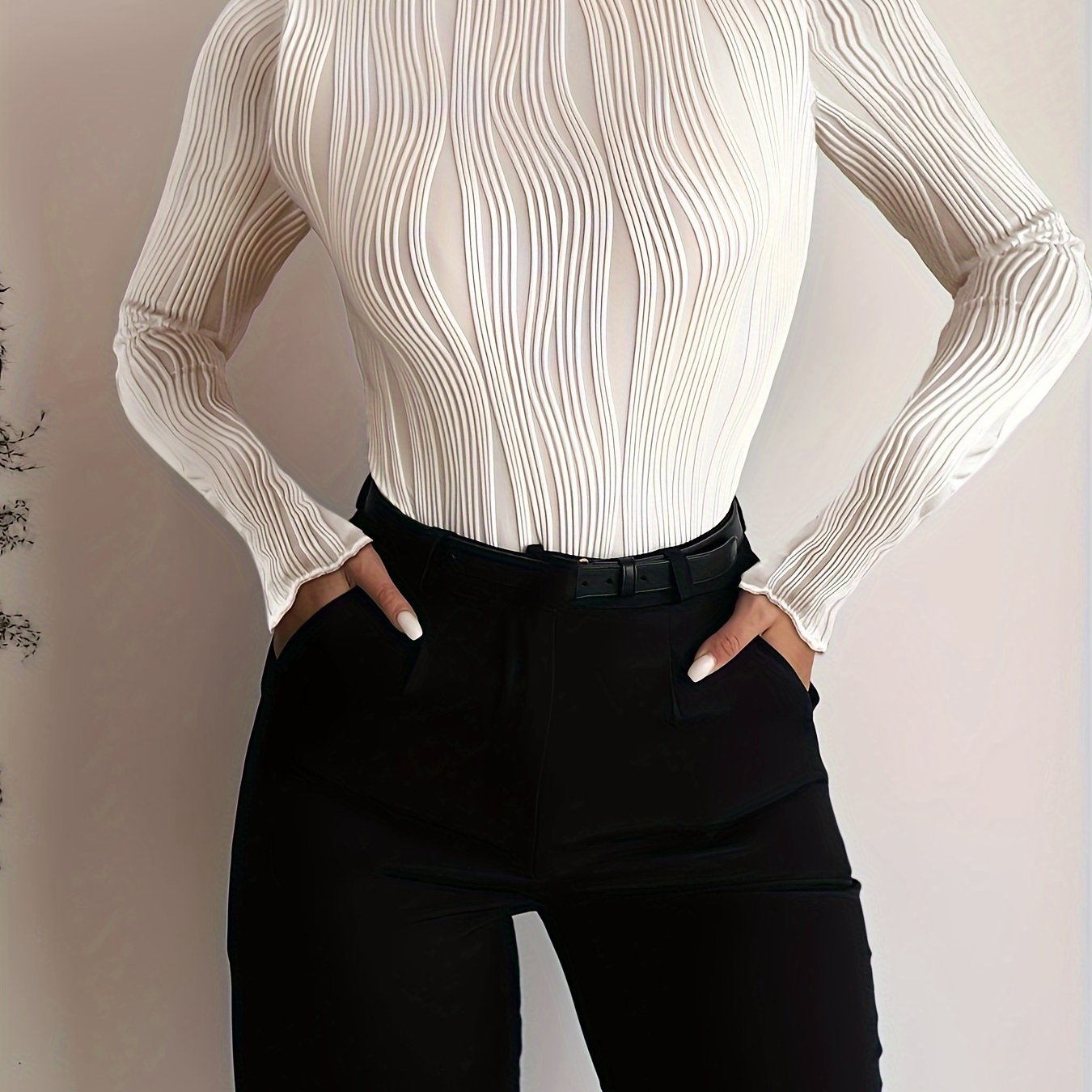 Slim Textured Frill Neck T-Shirt, Elegant Long Sleeve T-Shirt For Spring & Fall, Women's Clothing