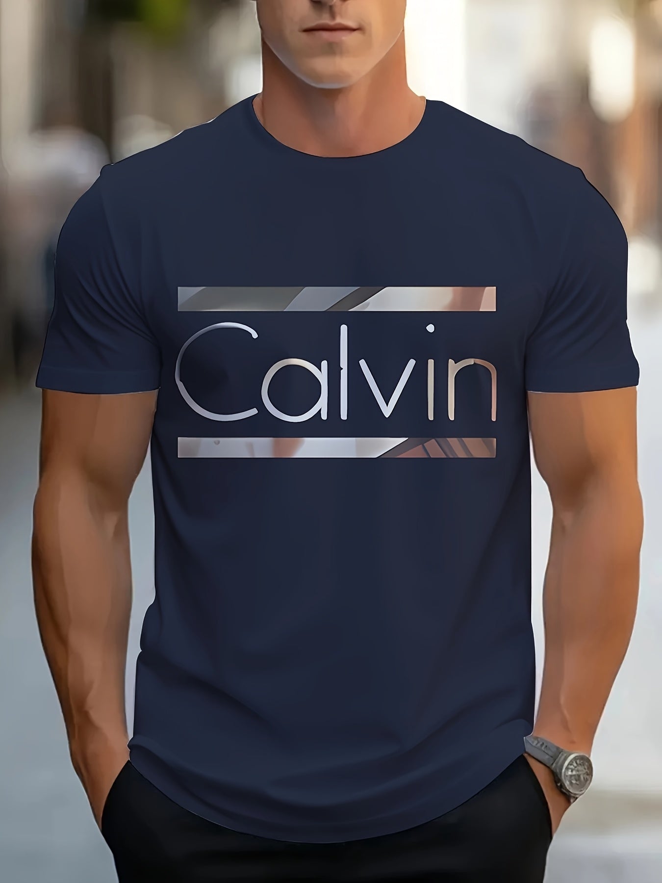 Men'S "Calvin" Graphic T-Shirt - Casual 3D Print Letter Tee with Geometric Design, Short Sleeve, Round Neck, Light Blue, Perfect for Summer, Everyday & Sportswear, Casual Wear Tee | Modern Casualwear | Comfortable Fit