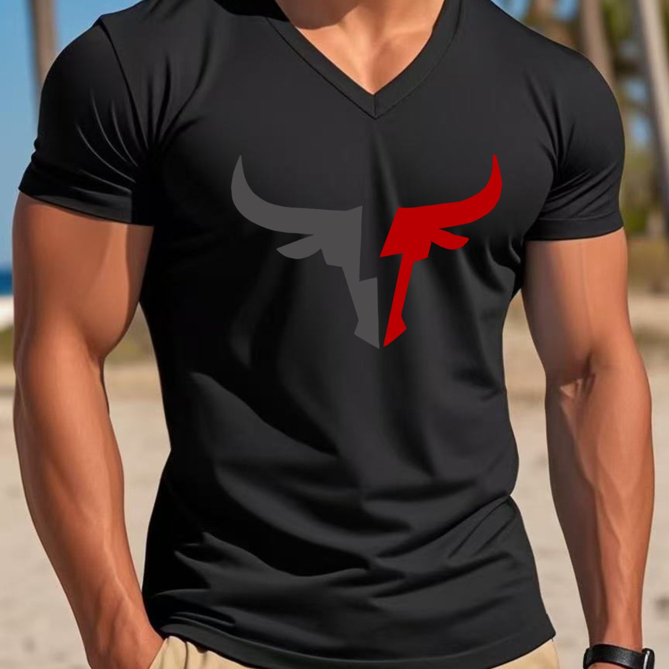 Men's Casual V-Neck T-Shirt with Bold Head Graphic Print - White & Black Contrast Design, Breathable Regular Fit Short Sleeve Tee for Spring Summer Casual Wear, Quality Fabric Shirt