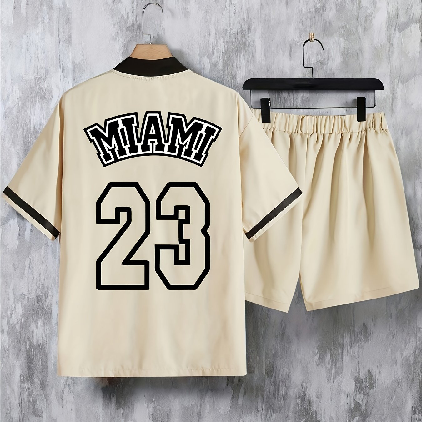 Men's Chicago Letter Print Casual Short Sleeve Baseball Shirt with Printed Webbing + Drawstring Shorts Two-Piece Set
