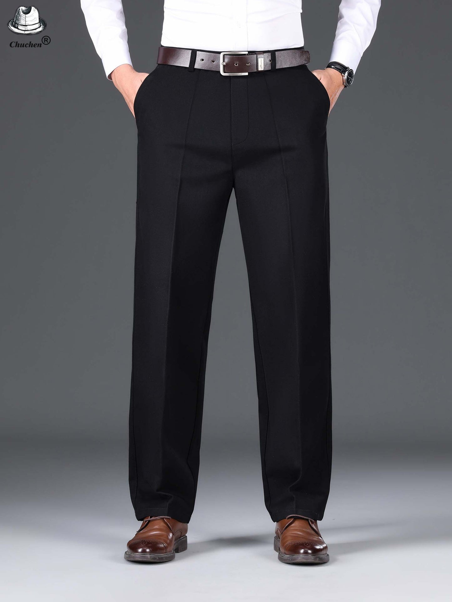 1pc Classic Fit Men'S Dress Pants - 100% Cotton, Solid Color, Non-Stretch, Regular Length, for Autumn/Winter - Business Casual Style