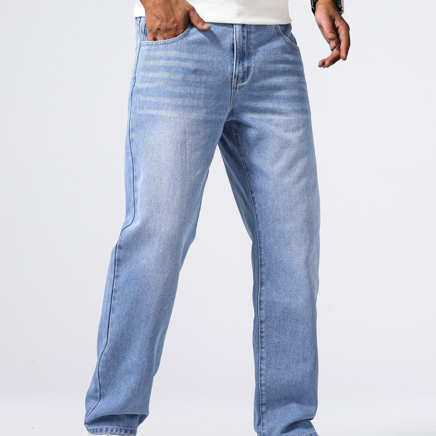 Men'S Loose Fit Straight Leg Jeans, Cotton 85% Polyester 15% Denim, Washed Solid Color Casual Style