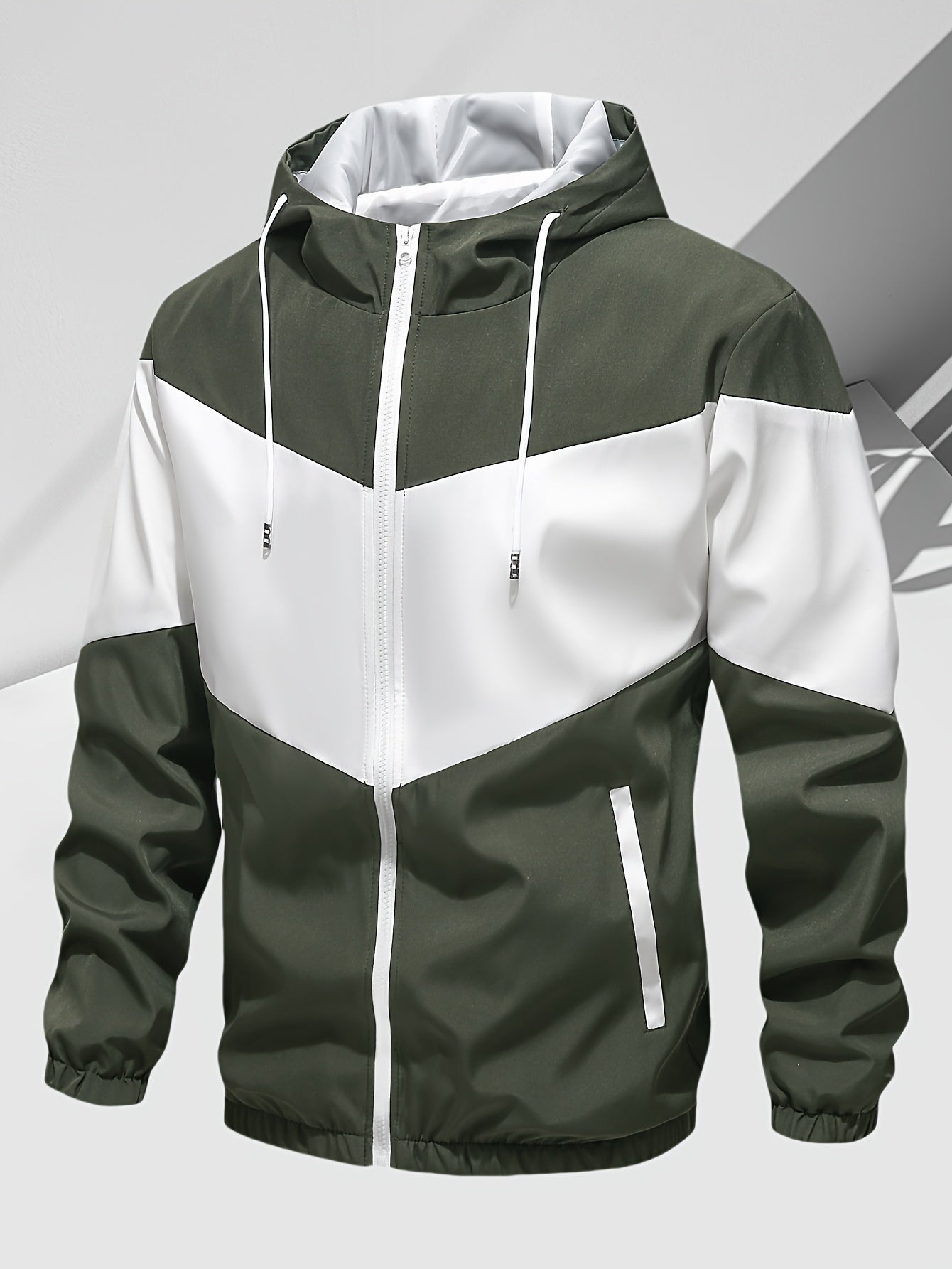 Men's Casual 2-Piece Outfit, Stylish Color Block Zip Up Hooded Jacket, Breathable Solid Color Drawstring Pants