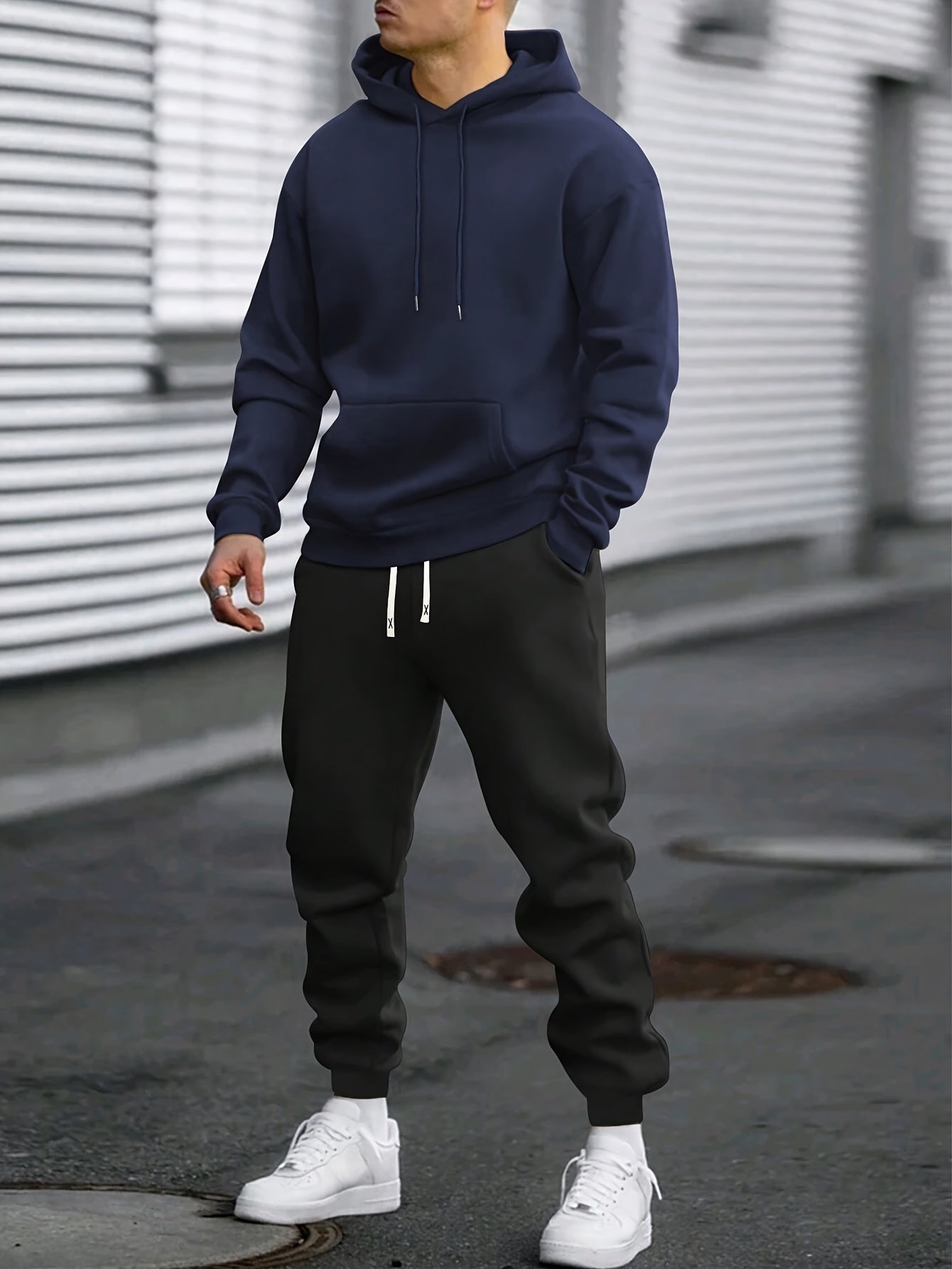 1set Men'S Casual Sports Suit, Polyester Hooded Sweatshirt and Jogger Pants Set, Solid Color, Elastic Waist, Cuffed Ankles, Knit Pullover with Pockets, Regular Fit for Outdoor Running and Jogging - Spring/Autumn Collection
