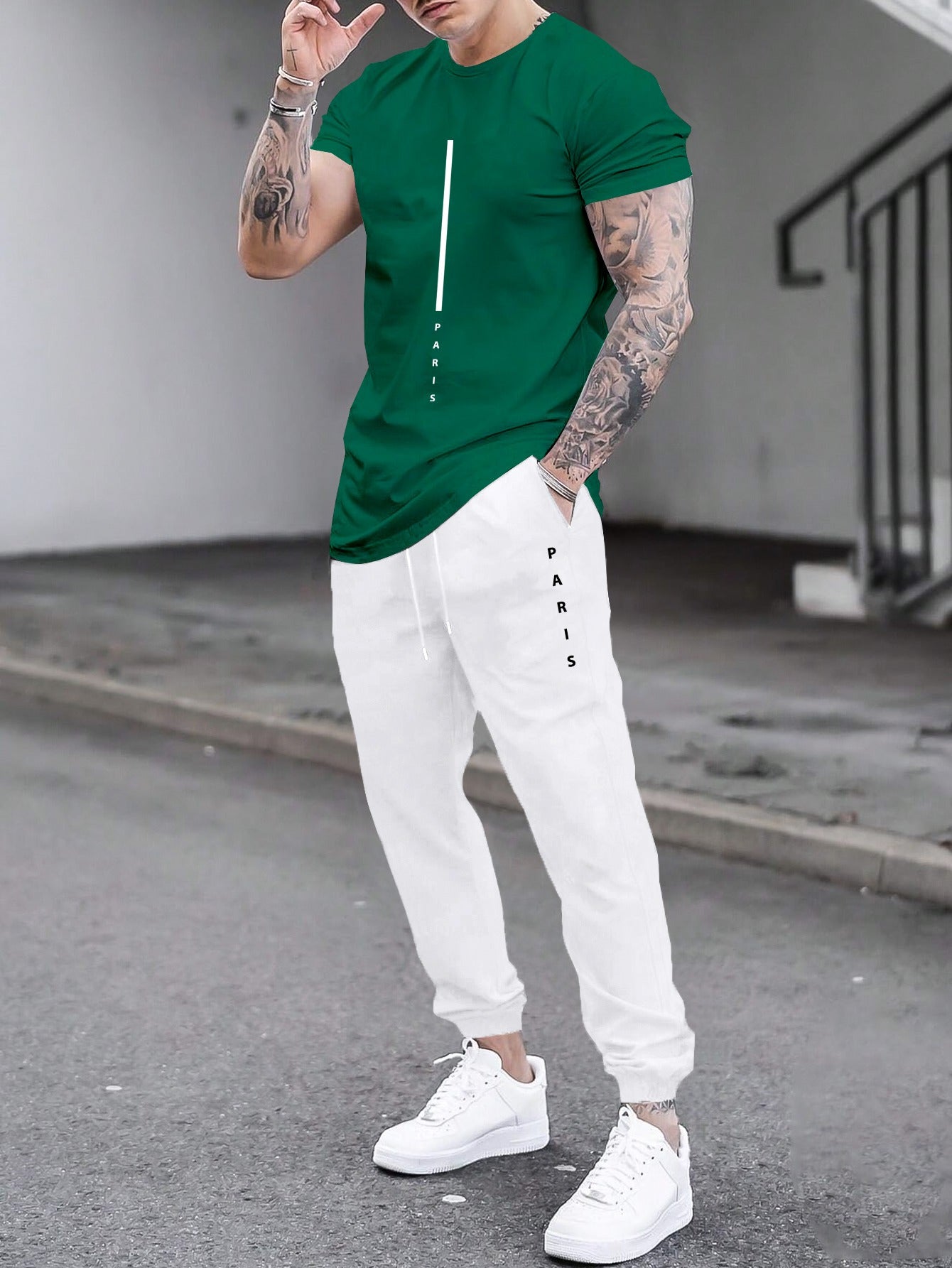 1set Men'S Casual Sportswear Set, Geometric Pattern Short Sleeve T-Shirt and Drawstring Joggers, Knitted Polyester and Elastane Blend, Round Neck, Regular Fit, Four Seasons Outfit
