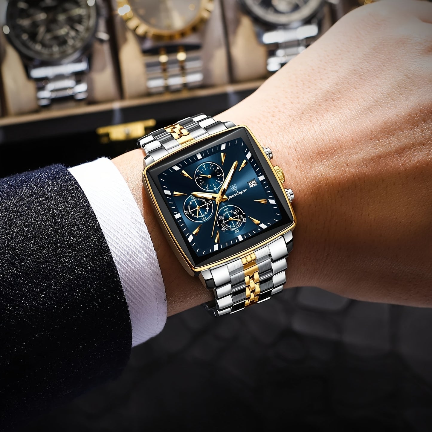 POEDAGAR Men's Stainless Steel Luminous Watch - Blue Dial Chronograph, High Quality Quartz Movement with Date Calendar, Golden-Tone Accents for Business Casual & Casual Attire, Formal Accessory, Stylish Accessory, Refined Cra