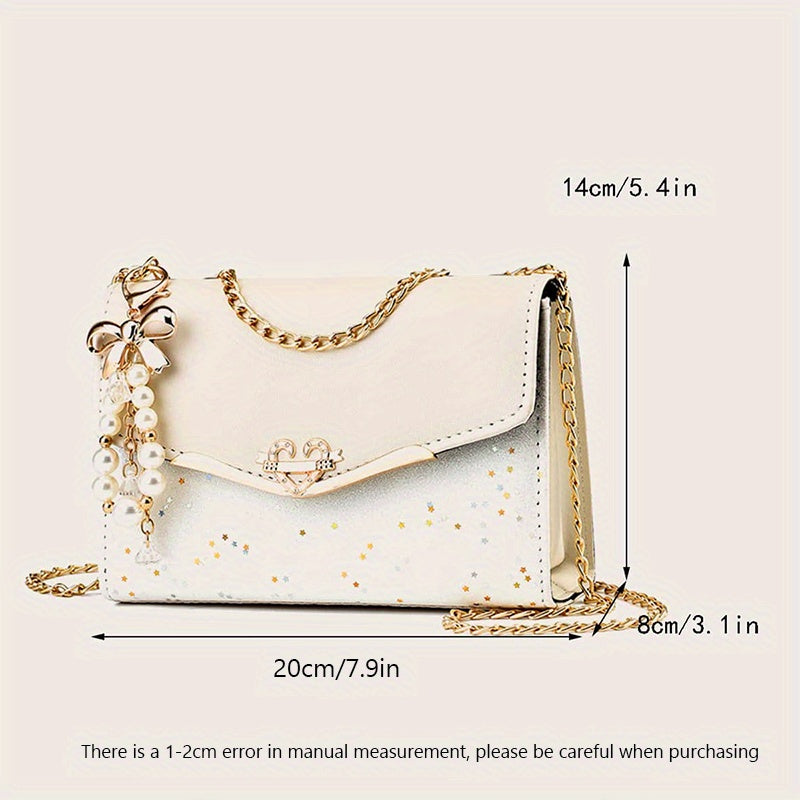 Fashionable Women'S Flip Clutch with Metal Chain and Tassel Pendant, Lightweight Shoulder Bag, Adjustable Strap, Urban Polka Dot Design, Polyester Lined, Buckle Closure - Ideal Gift for Family, Mother, Lover, Friends, Classma