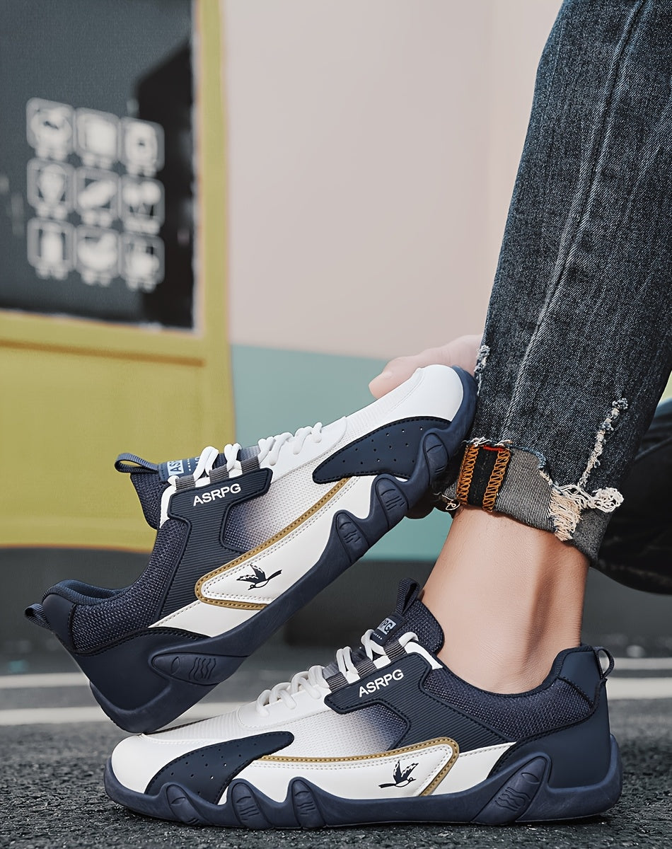 Men's Breathable Low-Top Casual Sneakers - Sporty Lace-Up Walking Shoes with Navy/White/Golden Accents, All-Season Outdoor & Everyday Comfort, Durable Fabric Upper & PVC Sole, Comfortable Footwear, Sleek Shoe Design, Lightwei