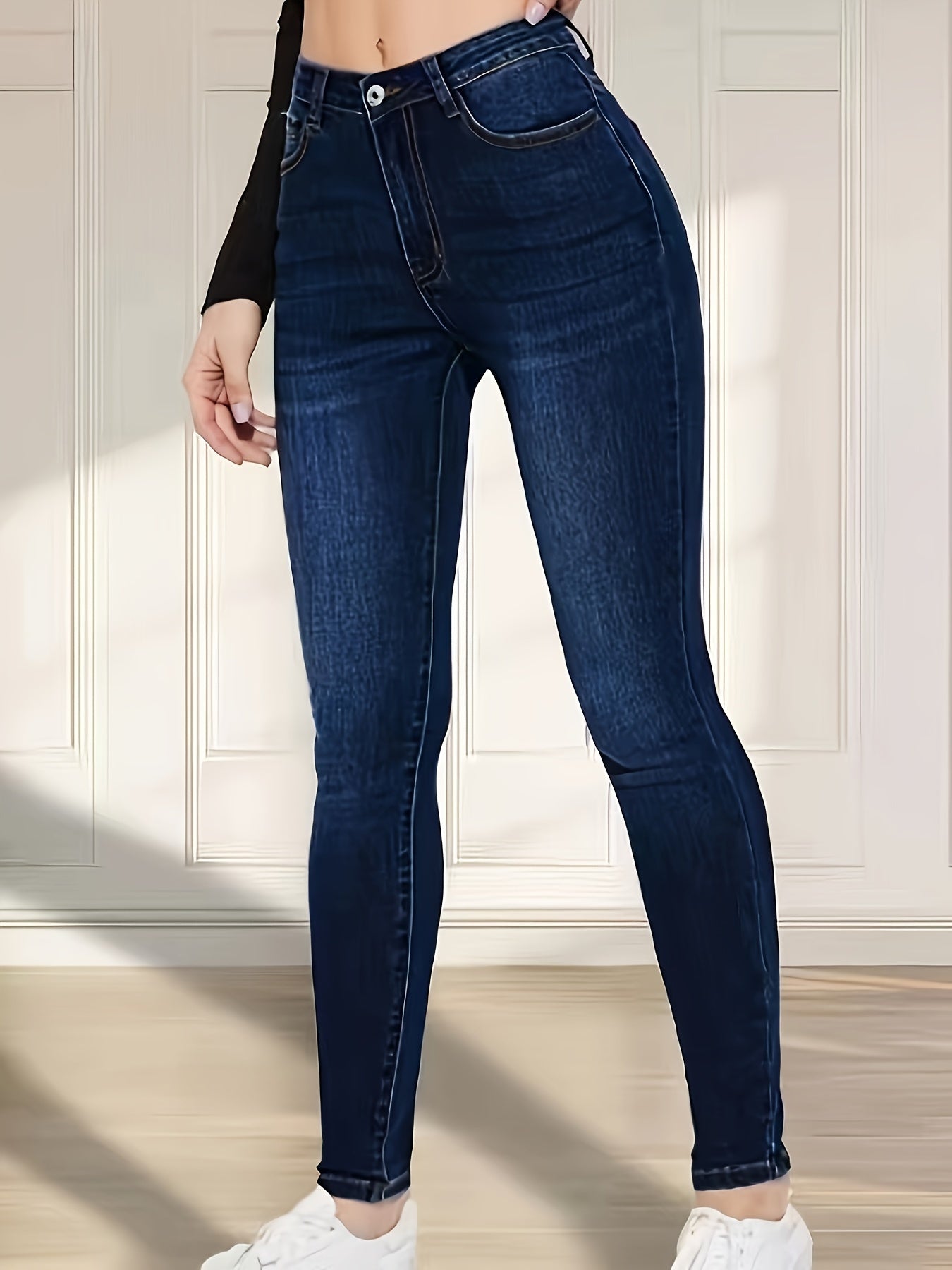 Women's High-Waisted Stretch Denim Jeans With Cotton, Polyester, Viscose, And Elastane, Four-Season Fit, Machine Washable