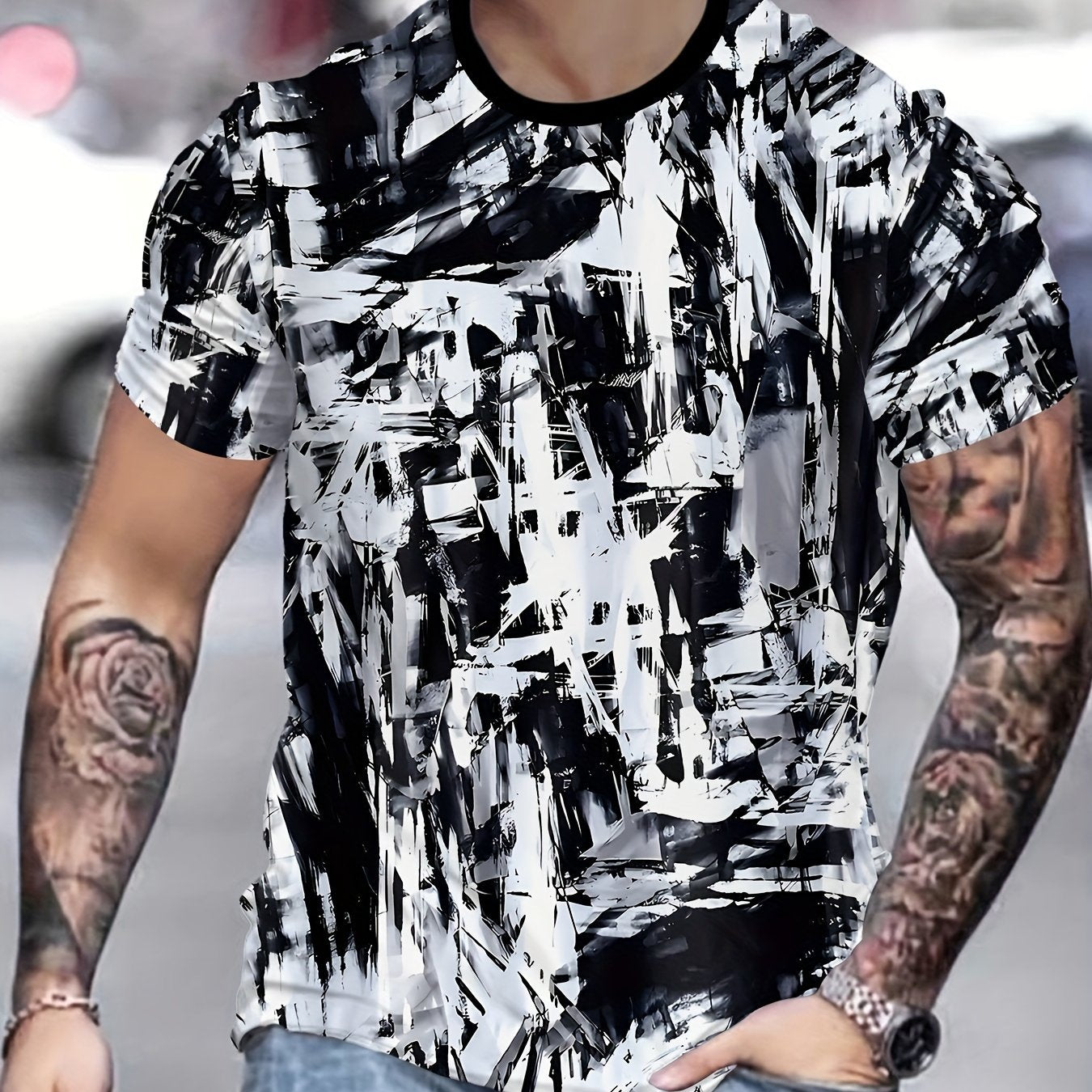 Men'S Casual Short Sleeve T-shirt, Polyester 100% 3D Print Crew Neck Tee with Slight Stretch, Regular Fit, 110g/m² Knit Fabric