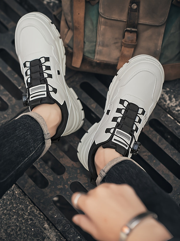 Men's Solid Color Skate Sneakers - Adjustable Rotating Buckle Straps, Slip-Resistant PVC Sole & Durable PU Upper, Low-Top Lace-Up Design for Hiking, Walking, Daily Wear - All-Season Casual Streetwear Shoes, Skate Shoes
