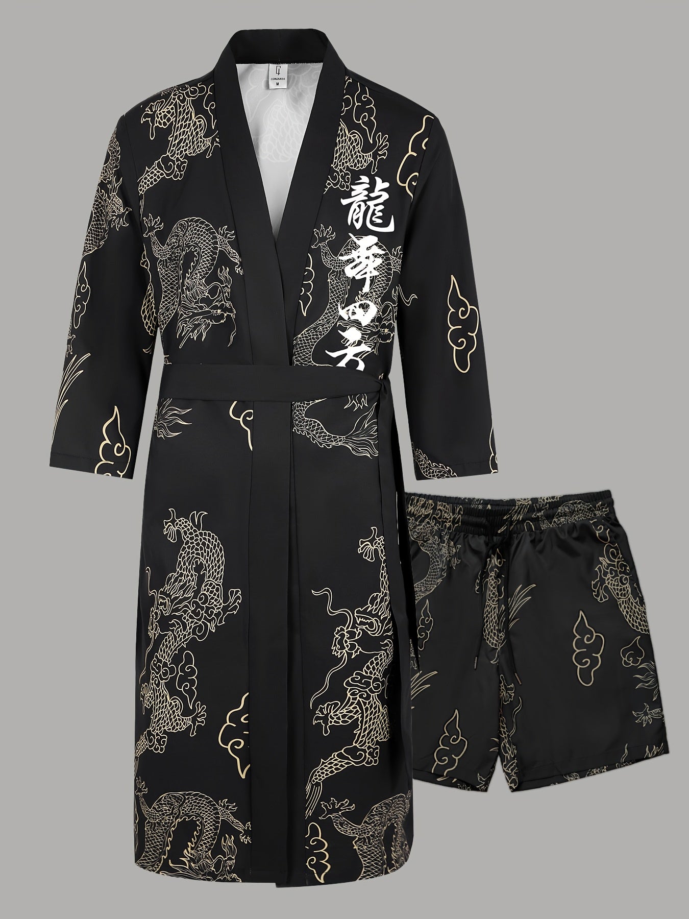 Men'S Dragon Dance Square Dragon Print Robe and Shorts Set - Casual V-Neck, Non-Stretch Polyester Home Wear with Belt Detail, Regular Fit