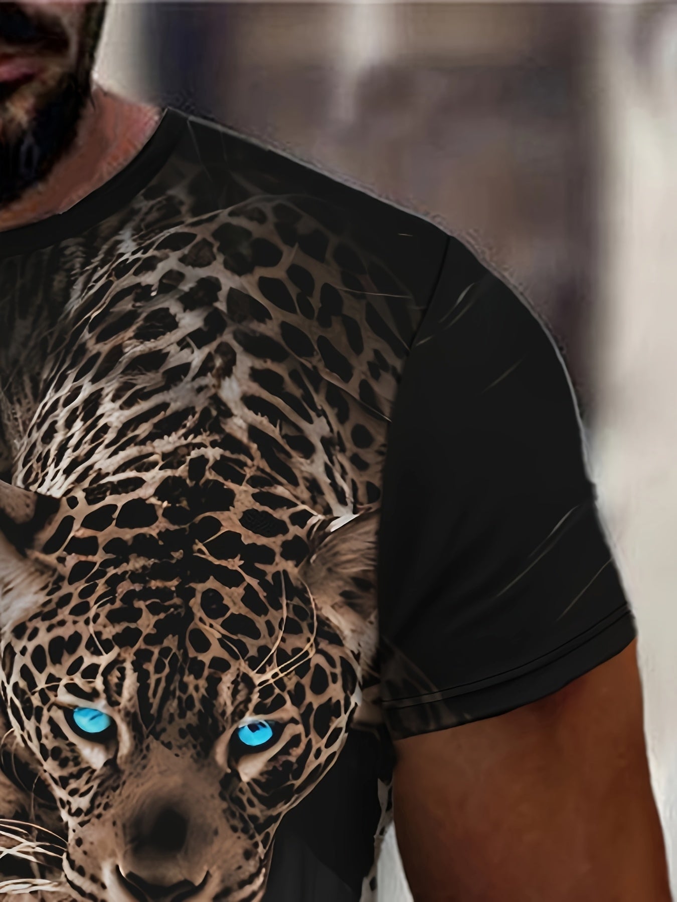 Men's Black T-Shirt with Bold Leopard Face Graphic - Short Sleeve Round Neck Casual Shirt, Lightweight Summer Top for Gym, Everyday & Formal Outfits - Machine Washable Bold Animal Print Tee, Comfortable Fit