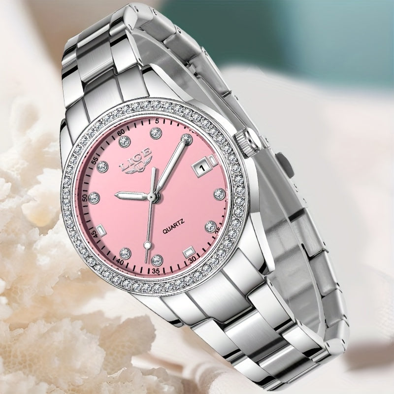 Elegant Pink Women'S Watch - LIGE Quartz Chronograph with Stainless Steel Band, Rhinestone Accents, Date Display & Heart Rate Monitor - Ideal Mother'S Day Gift, Gift for Women | Elegant Timepiece | Quartz Movement, LIGE