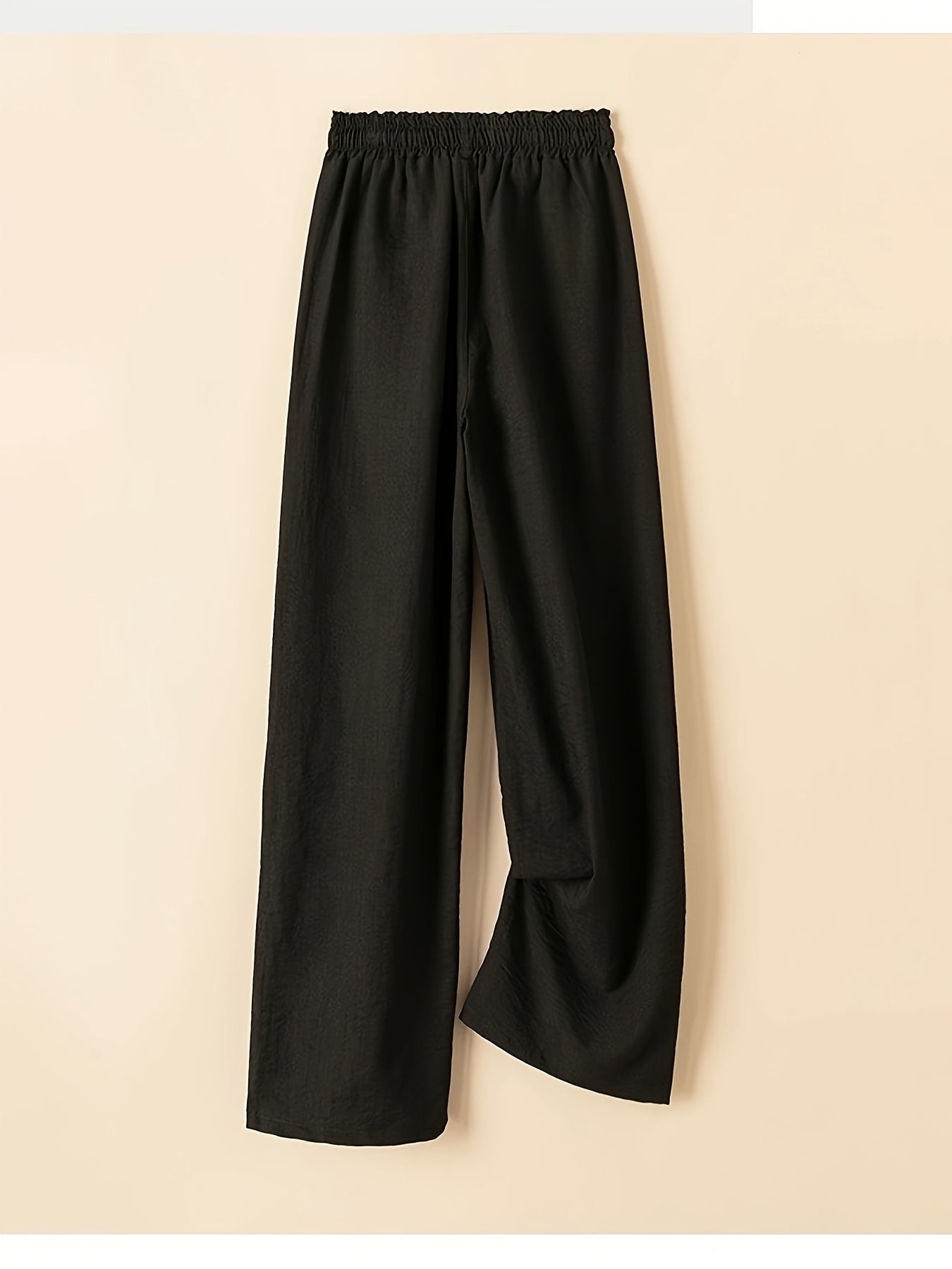 Women's Comfortable High-Waist Drawstring Wide-Leg Pants - Soft Polyester, Black, Relaxed Fit, Machine Washable, Casual Style for Casual Attire, Everyday Comfortable Wear | Relaxed Fit Pants | Glossy Finish