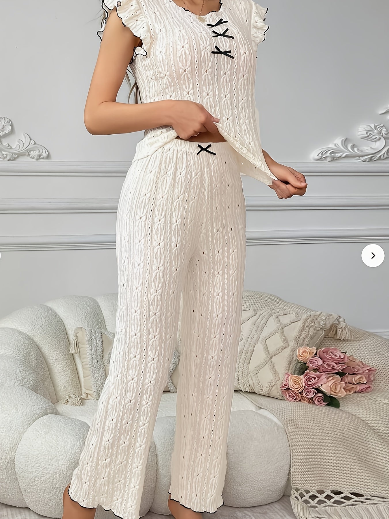 Elegant Women'S Lace Hollow Pajama Set with Contrast Trim and Bow Detail - Short Sleeve, Round Neck, Summer Sleepwear for Adults, Comfortable Polyester Blend, Perfect for Relaxing at Home, Summer Sleepwear | Contrast Trim Des