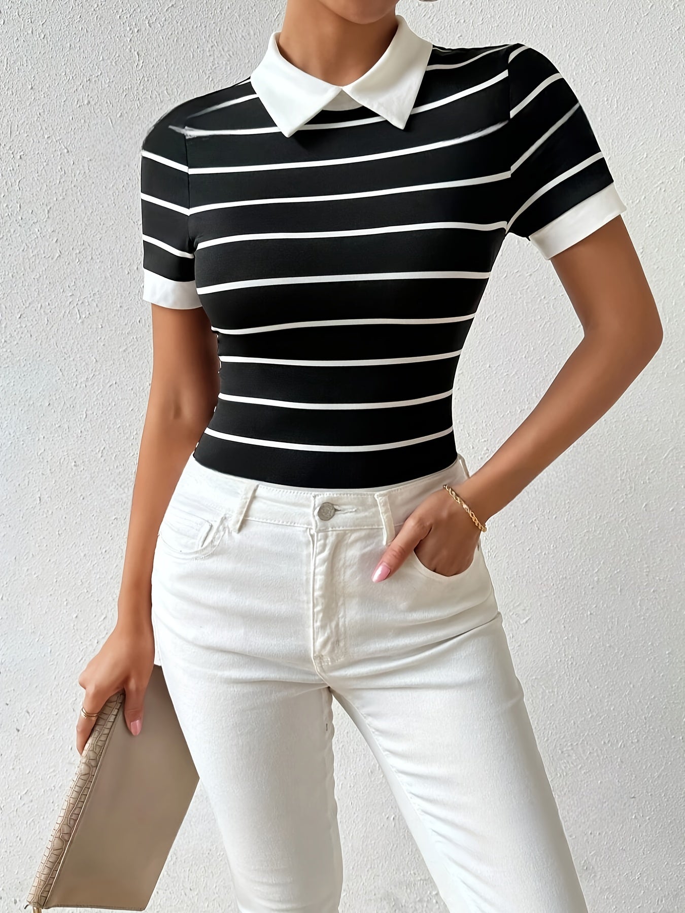 Elegant Women's Black & White Striped Short Sleeve T-Shirt with Chic Collar - Polyester Blend, Machine Washable, Perfect for Summer