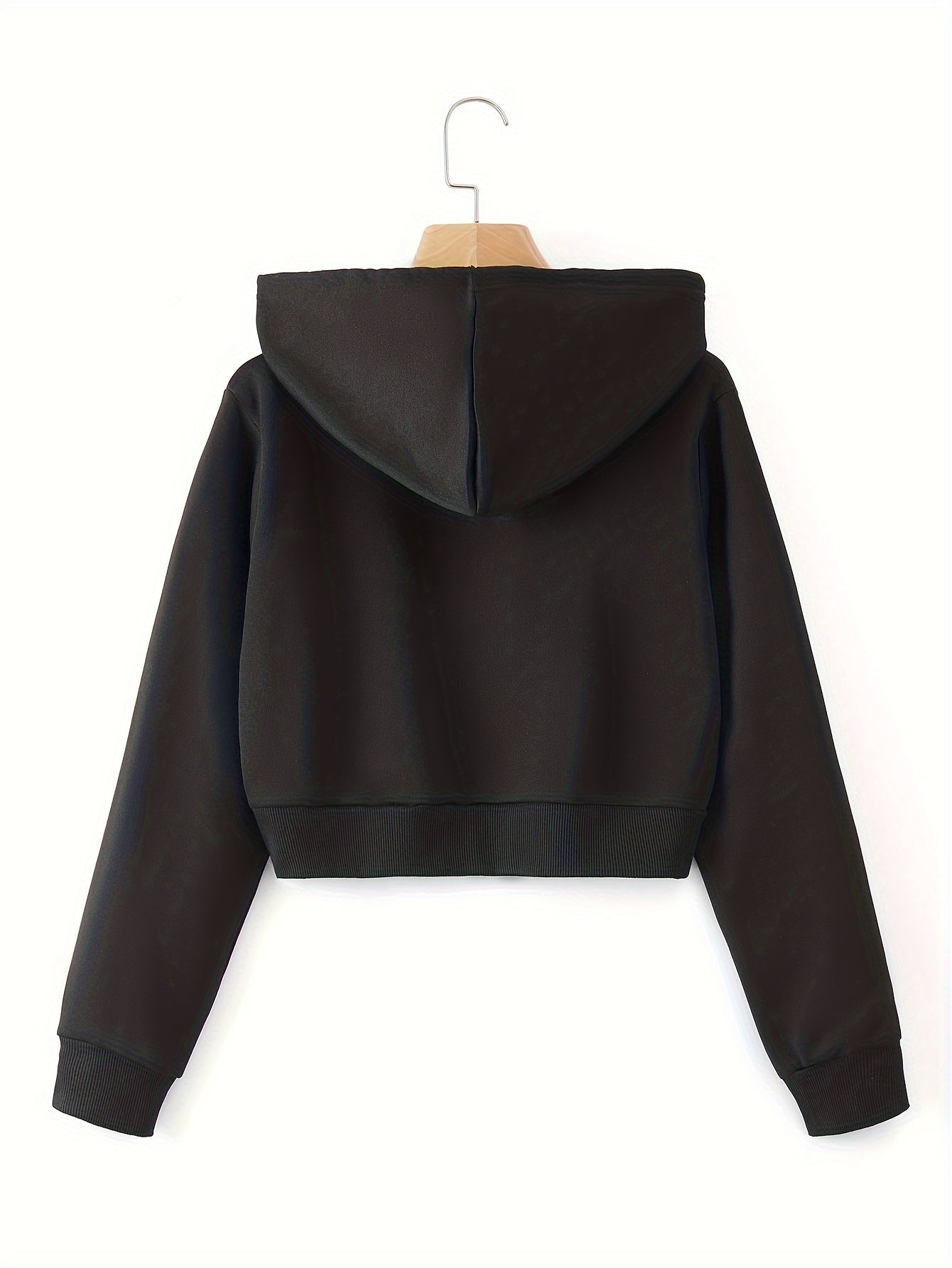 Zip Up Cropped Drawstring Hoodie, Casual Long Sleeve Sweatshirt For Spring & Fall, Women's Clothing