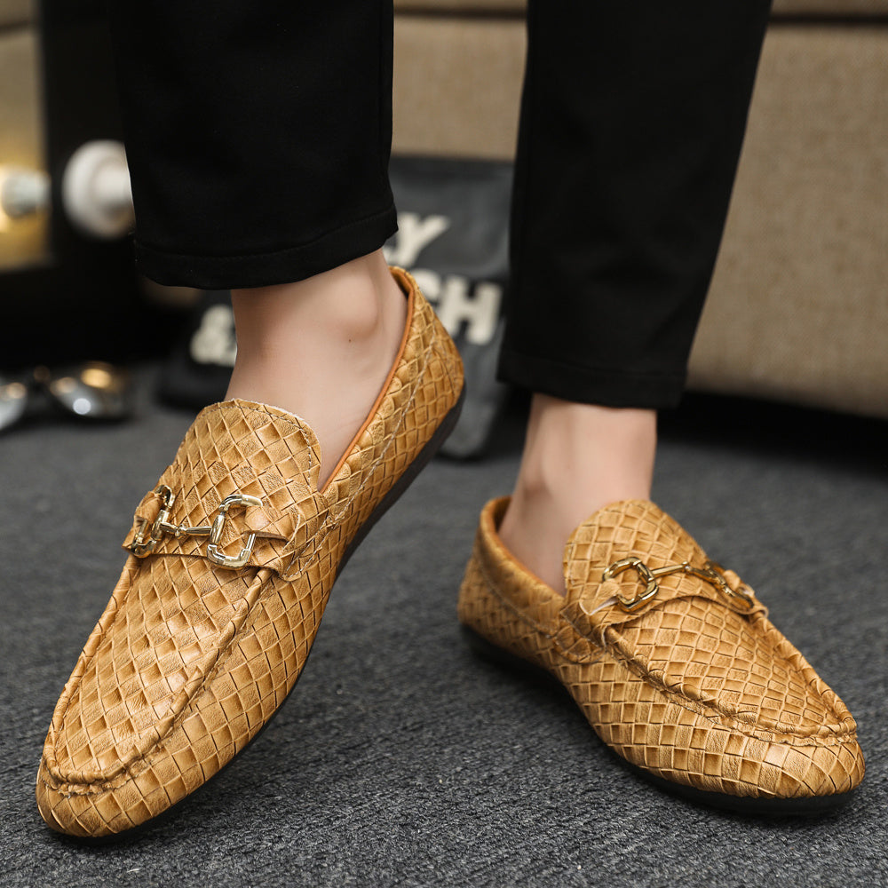 Men's Slip-On Loafers - Black & Tan Casual Shoes with Golden-Tone Metal Accents, Round Toe Comfort, All-Season Versatile for Office & Social Events, Casual Attire, Elegant Style, Premium Material, Modern Gentlemen